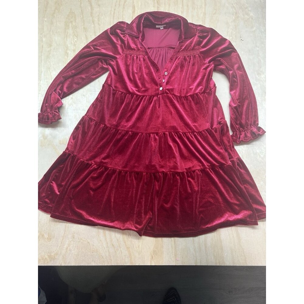 Umgee Dress Womens Red M Valentines Velvet‎ Tiered Ruffle Boho Button Up Holiday
